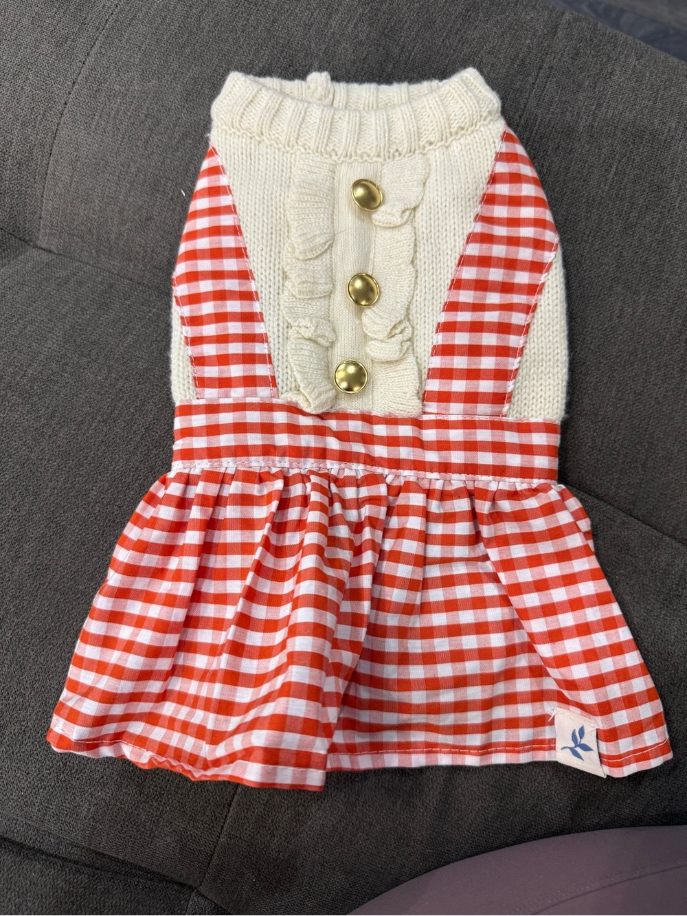 Harry Barker Puppy Cream Knit & Red Gingham Sundress with Gold Buttons